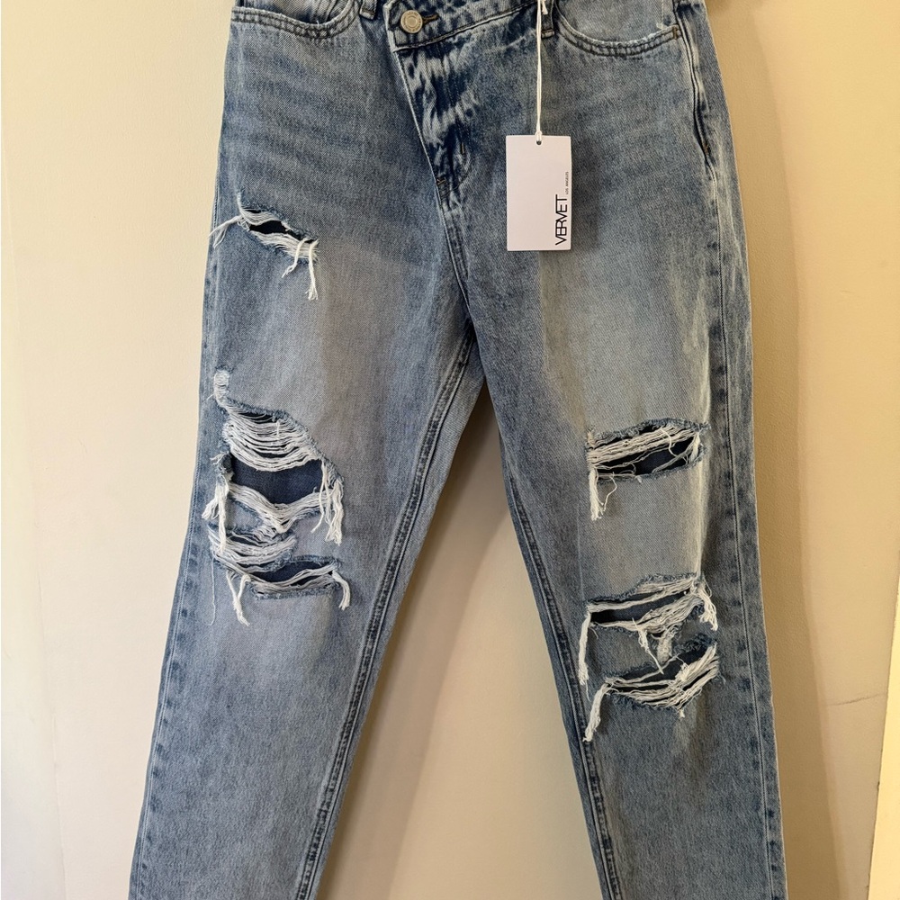 Distressed SideZip Mom Blue Jeans-Size 26 waist